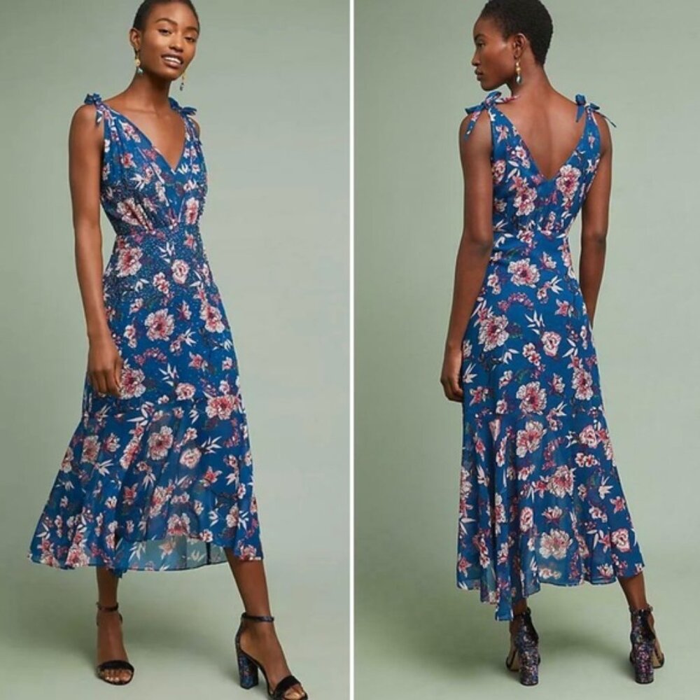 Anthropologie Blue Floral Midi Dress